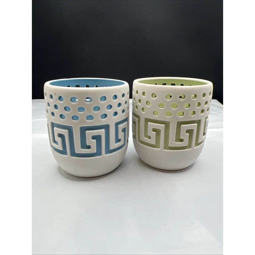 Pair AVON Spafinder Tealight Votive Candle Holders Blue & Green